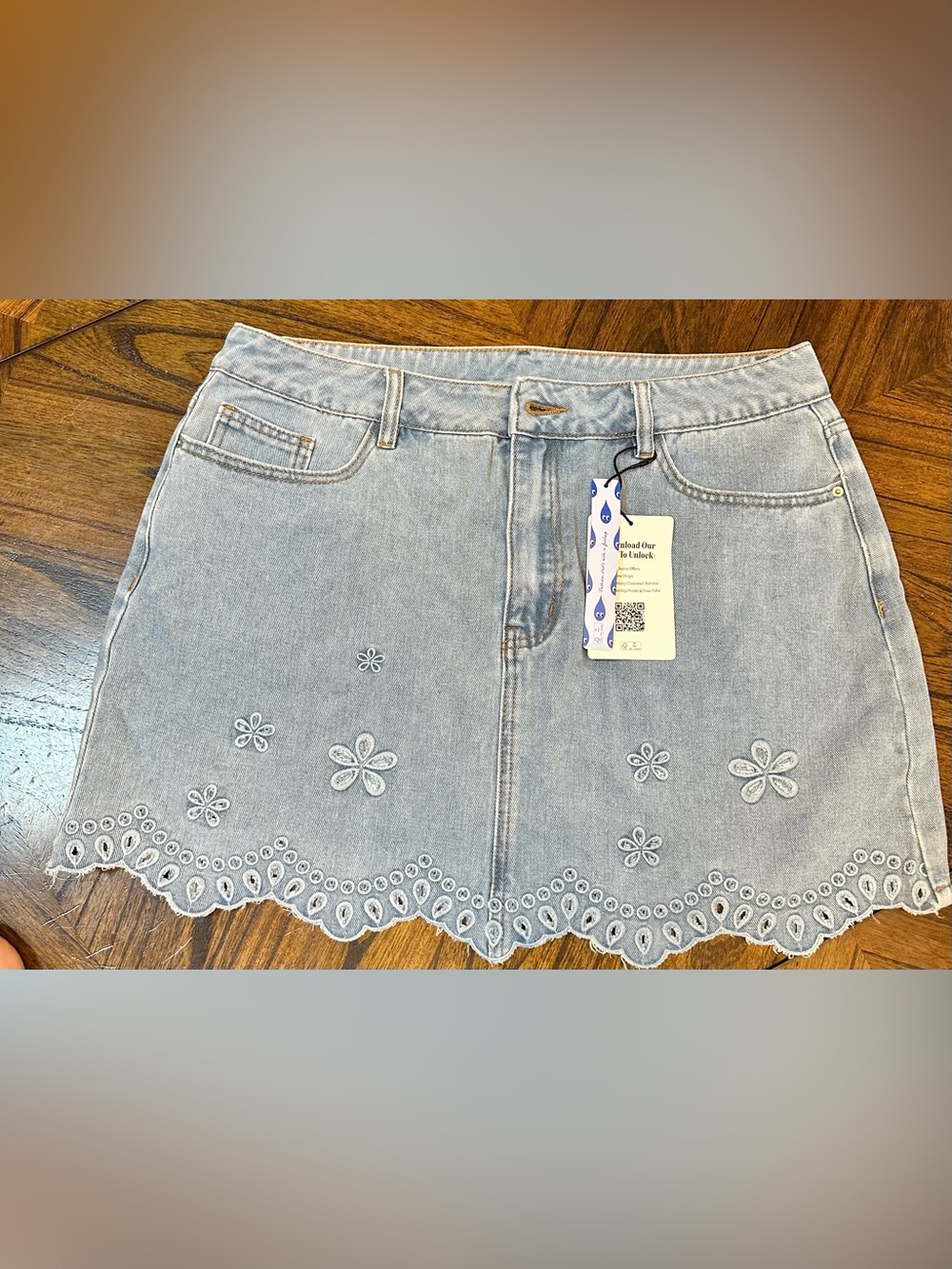 Cider Light Blue Embroidered Denim Mini Skirt